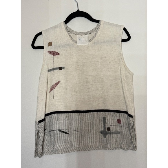 Alegre Tops - Alegre Women's Cream Hand Painted Art To Wear Linen Blend Sleeveless Top  Size M